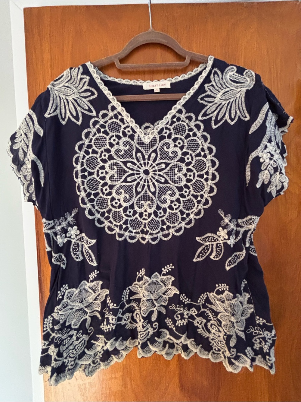 Solitaire Navy Blue Top with White Lace Embroidery